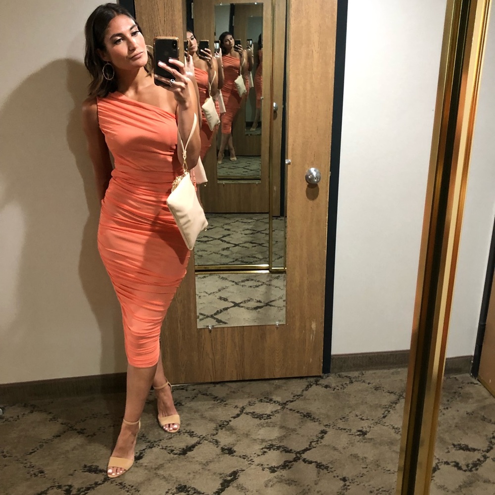 One Shoulder Ruched Midi Dress